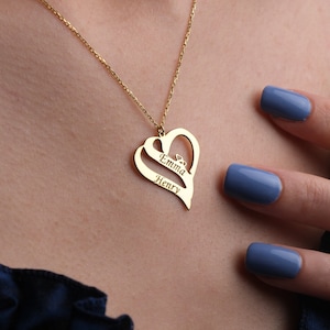 Personalized Double Name Heart Necklace, Silver Name Heart Necklace, Personalized Necklace, Gift for Lovers, Elegant Necklace