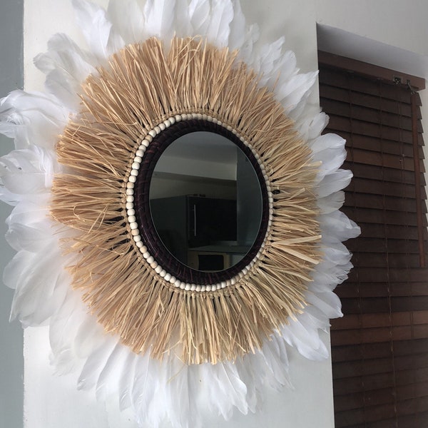 Grand miroir en plumes blanches et raphia naturel Swanell