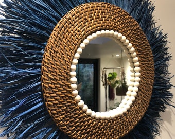 Rattan mirror and natural raffia ultramarine swanell