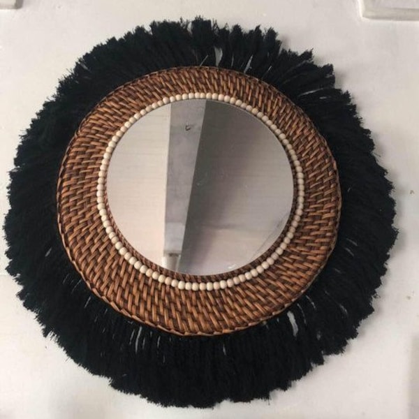 Magnifique miroir en rotin et macramé