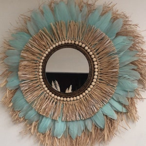 Grand miroir plume et raphia bleu turquoise image 1