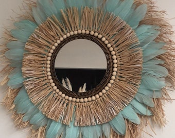 Grand miroir plume et raphia bleu turquoise