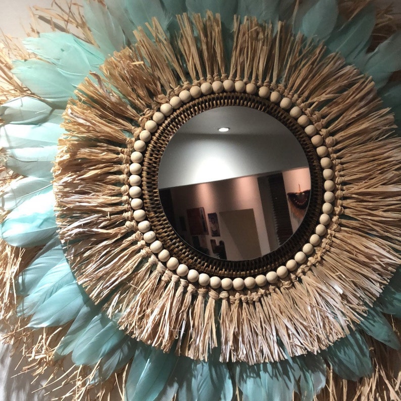 Grand miroir plume et raphia bleu turquoise image 4
