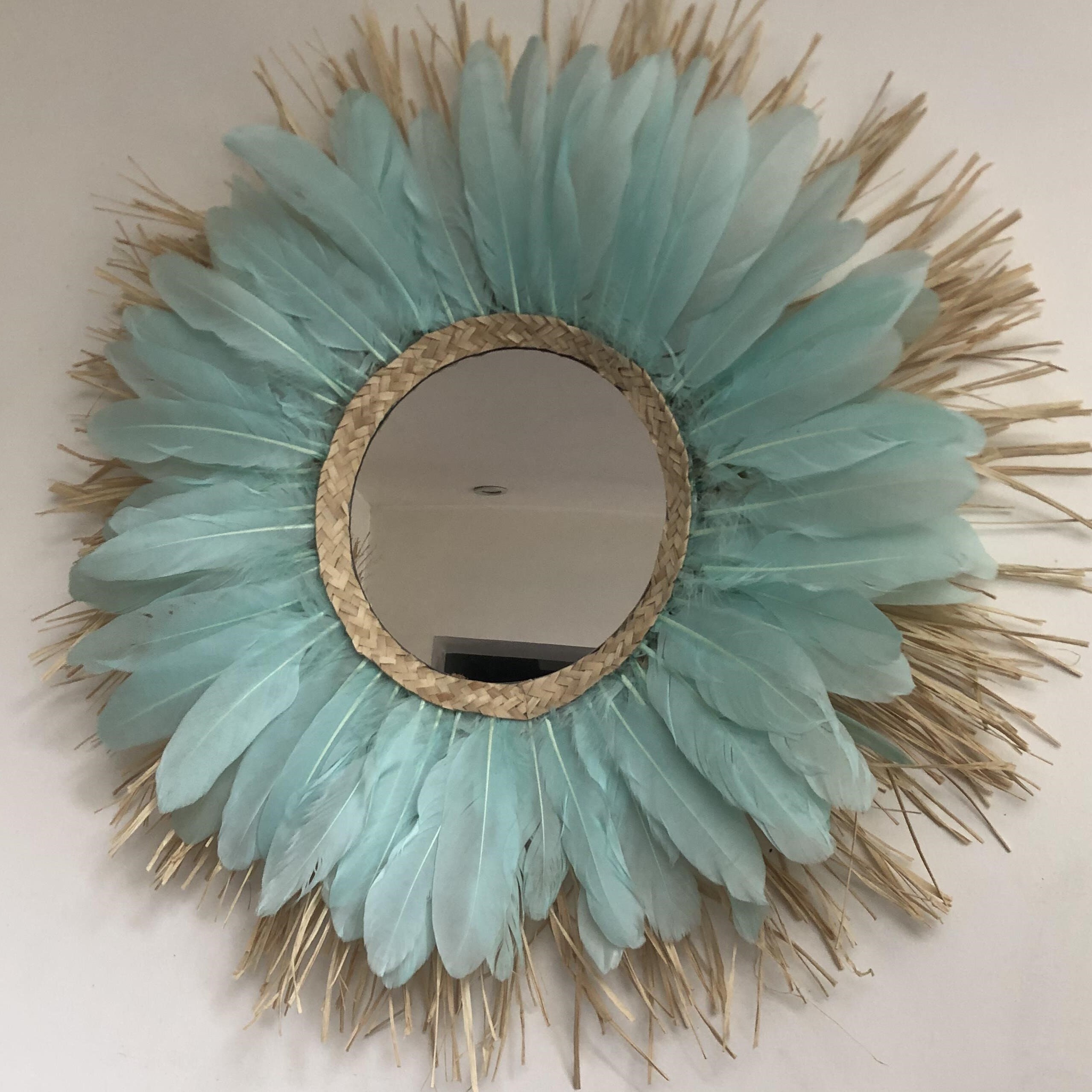 raffia mirror and colored feathers 60 cm