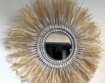 miroir en raphia naturel et coquillages 70 cm