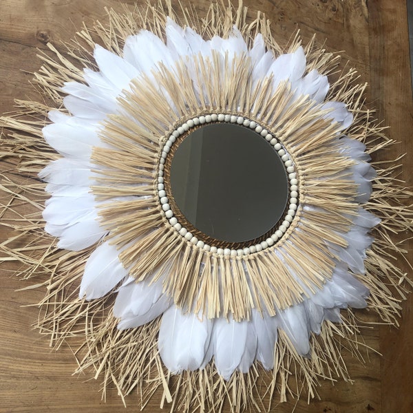 miroir en raphia et plumes 70cm