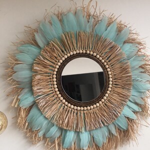 Grand miroir plume et raphia bleu turquoise image 5