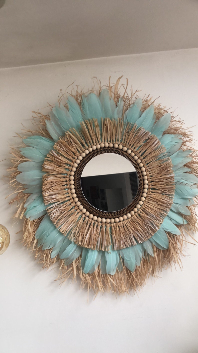 Grand miroir plume et raphia bleu turquoise image 5
