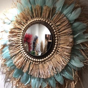 Grand miroir plume et raphia bleu turquoise image 2