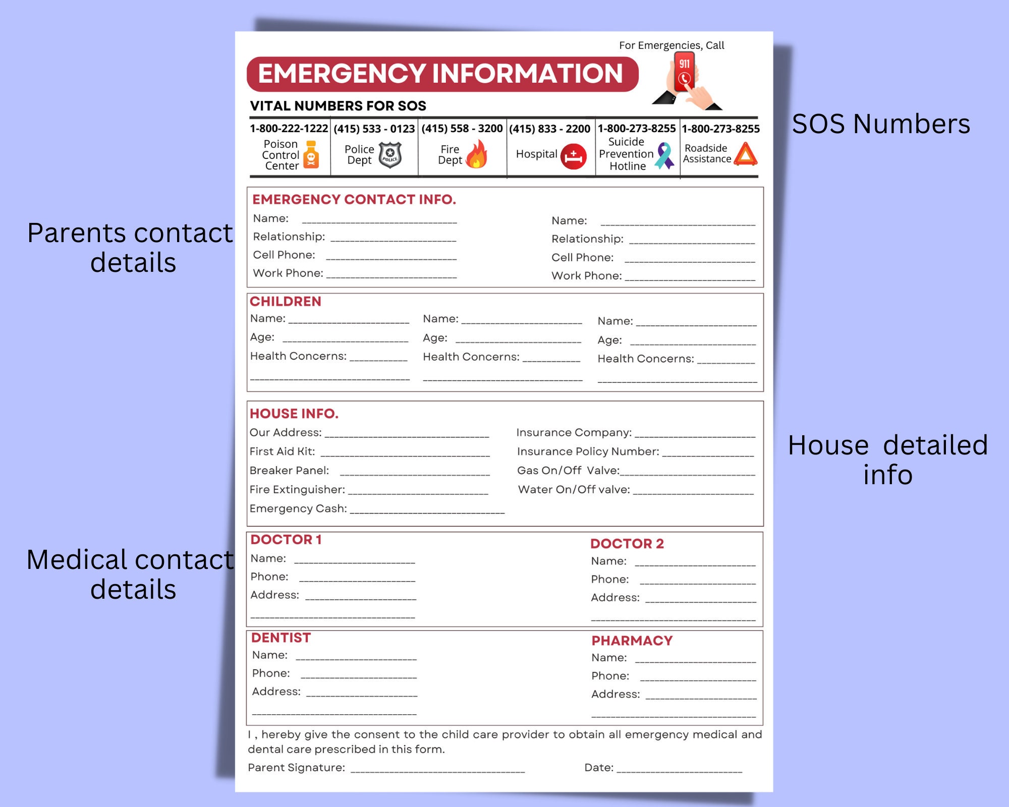 Emergency Information Sheet Editable Emergency Contact Info Template Emergency Information Sheet Editable Emergency Contact Info Template