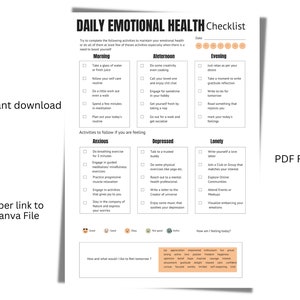 Dziennik samoopieki, codzienne wzmacniacze emocji, lista kontrolna zdrowia emocjonalnego, cyfrowy planer, zestaw arkuszy ćwiczeń dotyczących zdrowia psychicznego, planer samoopieki