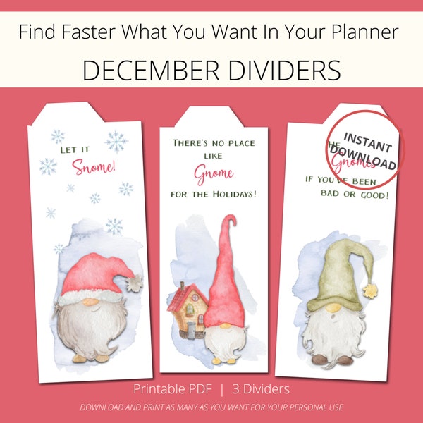 Bookmark Printable With Watercolor Gnomes // Planner Christmas Bookmarks // Winter Planner Dividers // Winter Bookmark