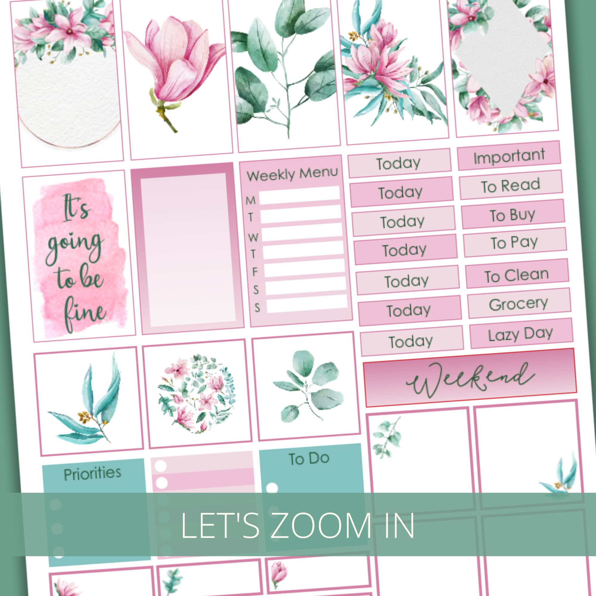 Printable Stickers Planner // Watercolor Magnolia and Eucalyptus ...