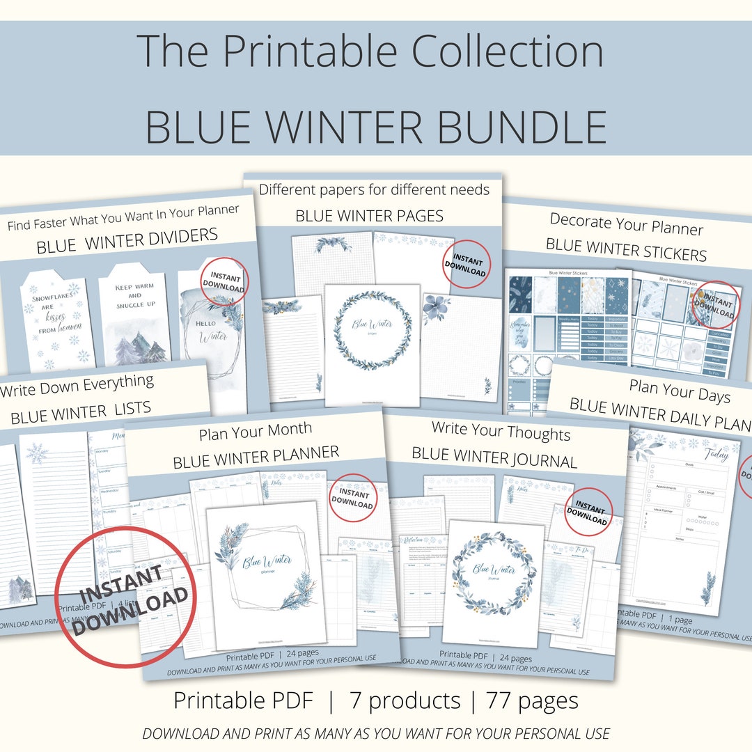 Printable Planner Bundle / Watercolor Blue Winter Journal / - Etsy