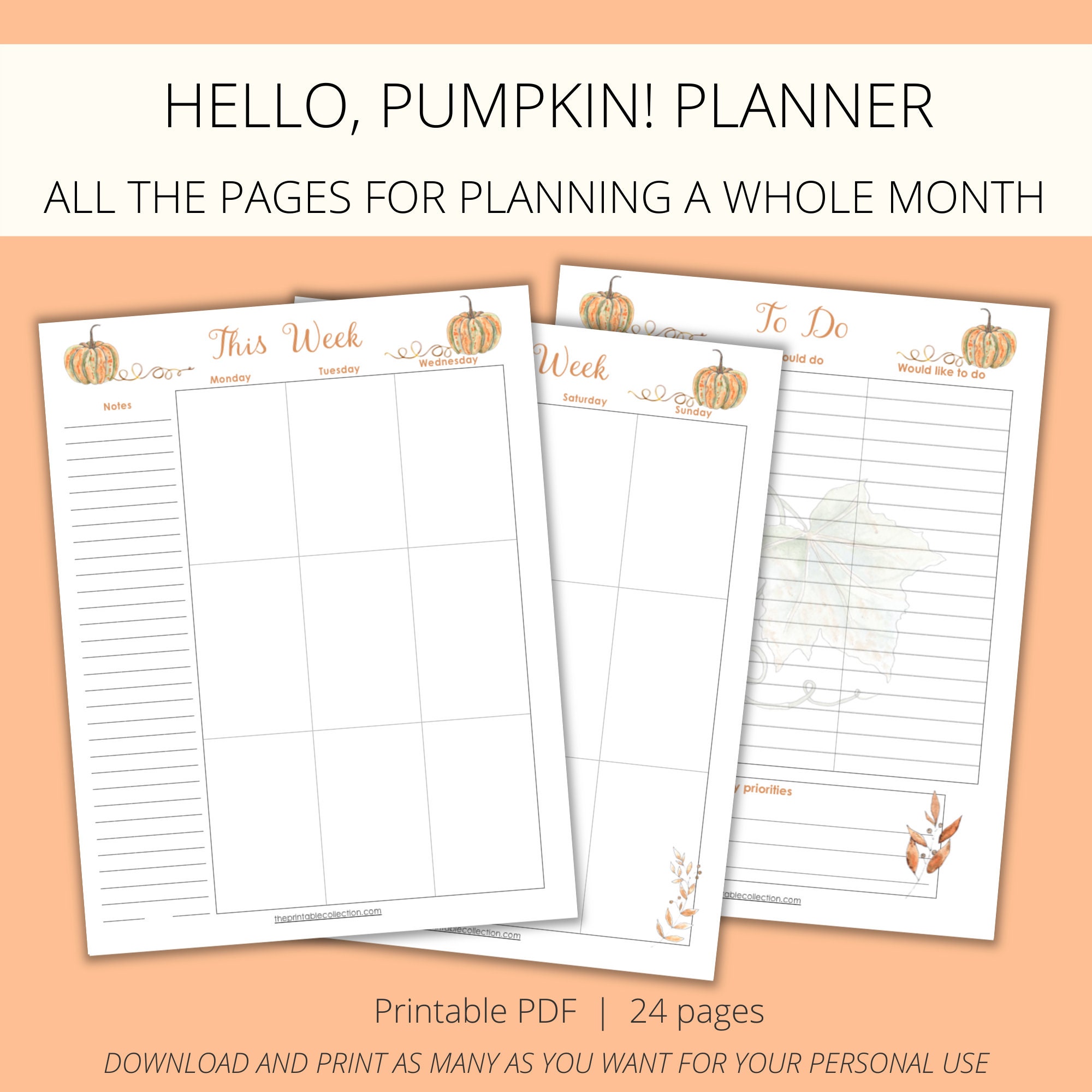 Planner Printable Hello Pumpkin // Monthly Calendar // Weekly Pages ...