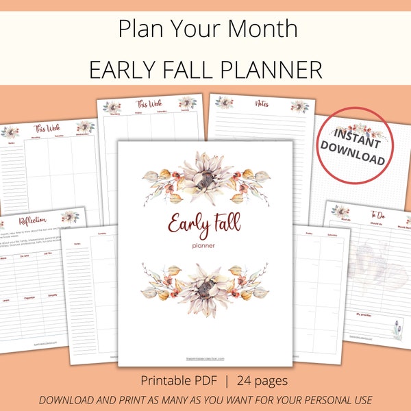 Fall Printable Planner With Watercolor Flowers and Leaves // Burgundy, Blue, Orange and Cream Vertical Undated Early Fall Planner