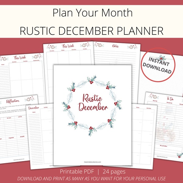 Printable Christmas Planner // December Planner // Monthly Calendar // To do List // Christmas Watercolor Rustic Decorations