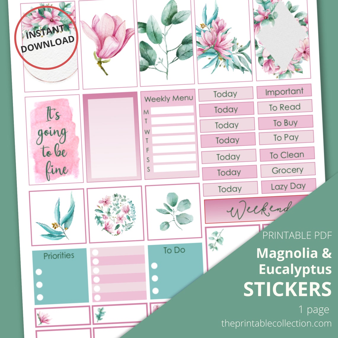 Printable Stickers Planner // Watercolor Magnolia and - Etsy Canada