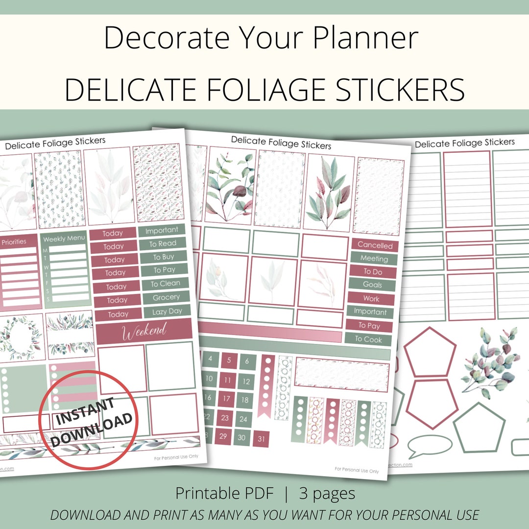 Printable Planner Stickers With Watercolor Burgundy and Green Leaves ...