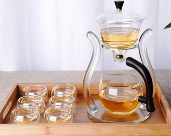 Luxurious Glass Tea Set| Semi-Automatic Tea pot|  Wooden Tray | Vintage Kitchen gift | wedding gift| Mother's day gift| handmade |Infuser