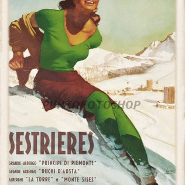 Donna verde, poster, Sestriere, vintage, piste da sci.