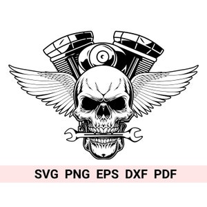 Kolben Schädel SVG | Gekreuzte Knochen PNG| Mechaniker T-Shirt Aufkleber Aufkleber Grafiken |Schneidedateien druckbare Clip Art Vektor Digital Dxf Png Eps pdf