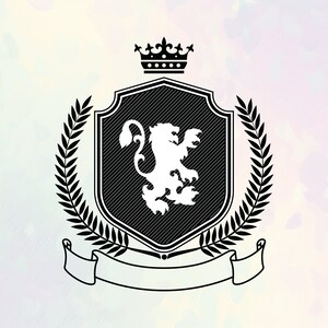 Shield with lion, crown, laurel wreath SVG. Family crest logo. Coat of arms svg.