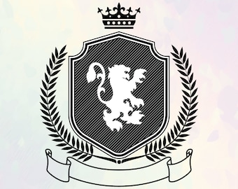 Shield with lion, crown, laurel wreath SVG. Family crest logo. Coat of arms svg.