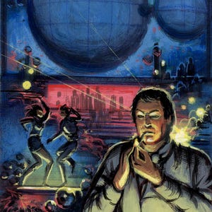 May include: A man in a white shirt sits at a bar, lighting a cigarette. He is looking off to the side. There are two glasses on the bar in front of him. In the background, there are two women dancing and a large blue sphere.