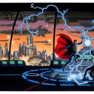 Puede incluir: Una escena futurista con dos figuras en una batalla. Una figura lleva una capa roja y sostiene una espada, mientras que la otra figura lleva un atuendo negro y sostiene un arma. La escena se desarrolla en el contexto de una ciudad con vehículos voladores y rayos.