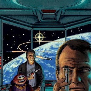 May include: A man in a dark jacket and a purple shirt looks at a small glass vial. He is standing in a spaceship with a view of Earth and stars. Another man in a brown jacket is standing behind him, holding a gun.