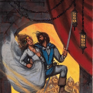 May include: Illustration of a dramatic scene with a man in blue and a woman in white, holding a sword. The background features a red curtain, lanterns, and figures in armor, suggesting a fantasy or historical theme.