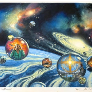 May include: A colorful painting depicting a galaxy with a swirling spiral arm.  The galaxy is surrounded by a blue planet with white clouds.  There are several bubbles floating in the sky, each containing a different scene.  One bubble shows a person with their hands over their ears, another shows a city, and another shows a cross.