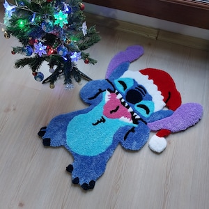 Blue Monster Stitch Christmas Tufted Rug / %100 HANDMADE