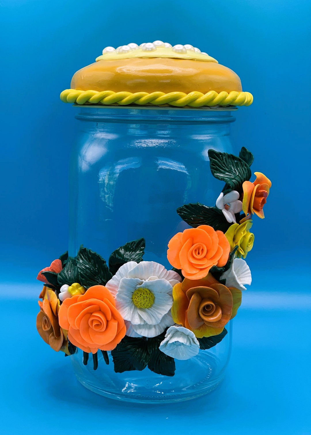 Handmade Jar, Polymer Clay 3D Jar, Decorated Jar, Gift Jar, Flower Jar