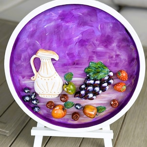 Cuadro de bodegones, hecho a mano, figuras de barro, frutas, enmarcado.
