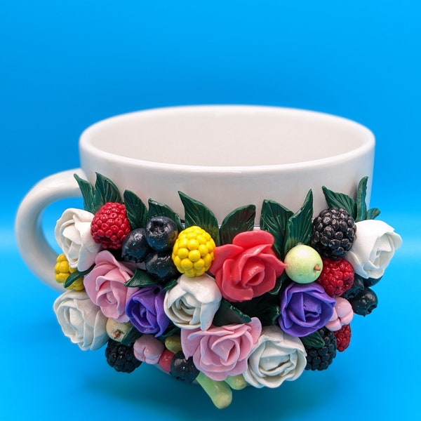 Handmade Mug, Polymer Clay 3D Mug, Decorated Mug, Gift Mug, Flower Mug, For Her Mug