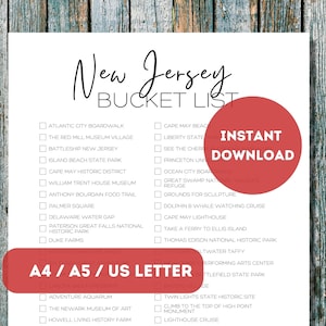 New Jersey Bucket List zum Ausdrucken | Checkliste für Familien-Road-Reisen | New Jersey Travel Adventure List | DIN A4 | DIN A5 | US Letter