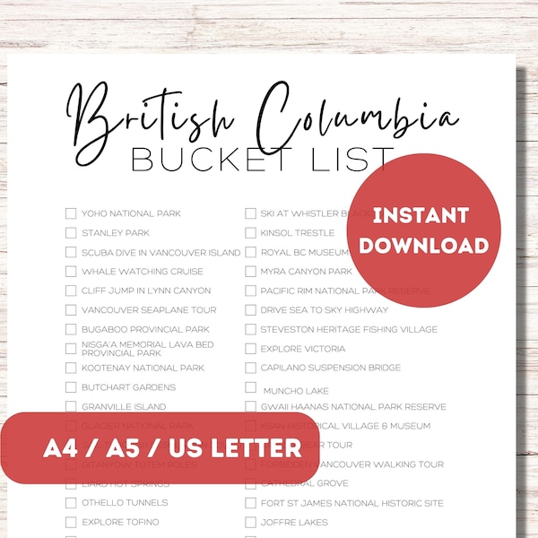 British Columbia Bucket List Printable | Canada Travel Planner Checklist | British Columbia Travel Adventure Wish List