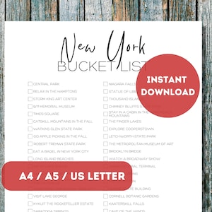Lista de baldes de Nova York para impressão | Lista de verificação do planejador de viagens dos 50 estados da América | Lista de aventuras de viagens em Nova York | A4 | A5 | Carta dos EUA