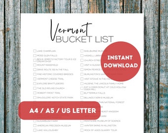 Lista dei desideri stampabile del Vermont / Lista di controllo per pianificare i viaggi nei 50 stati americani / Elenco delle avventure di viaggio nel Vermont