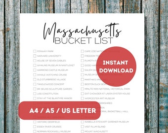 Massachusetts Bucket List Printable | America's 50 States Travel Planner Checklist | Massachusetts Travel Adventure List