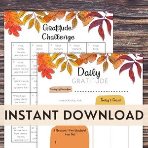 Könnte beinhalten: Ein druckbares Dankbarkeits-Challenge-Arbeitsblatt mit Herbstthema. Das Arbeitsblatt zeigt einen Aquarellhintergrund mit orangefarbenen, gelben und roten Blättern. Der Text "Gratitude Challenge" steht oben auf der Seite. Das Arbeitsblatt enthält Aufforderungen für ein tägliches Dankbarkeitstagebuch.