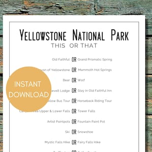 Yellowstone National Park This or That Travel Game US National Park Printable Travel Game Family Road Trip Game