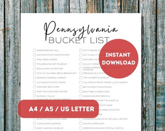 Elenco dei desideri della Pennsylvania stampabile / Elenco di controllo per pianificare i viaggi nei 50 stati americani / Elenco delle avventure di viaggio in Pennsylvania