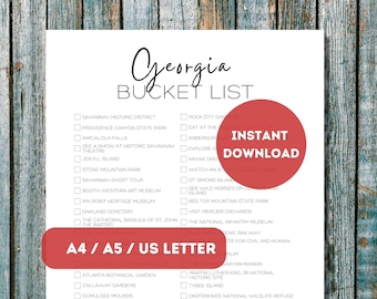 Lista de deseos imprimible de Georgia / Lista de verificación para planificar viajes por los 50 estados de EE. UU. / Lista de aventuras de viaje en Georgia / A4 / A5 / Carta de EE. UU.