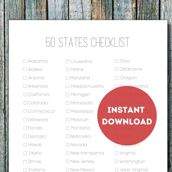 50 States Checklist Printable | US States Bucket List Challenge | United States Travel Goals | America 50 States Tracker