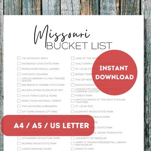 Lista de deseos de Missouri imprimible / Lista de verificación del planificador de viajes de los 50 estados de Estados Unidos / Lista de aventuras de viaje de Missouri / A4 / A5 / Carta de EE. UU.
