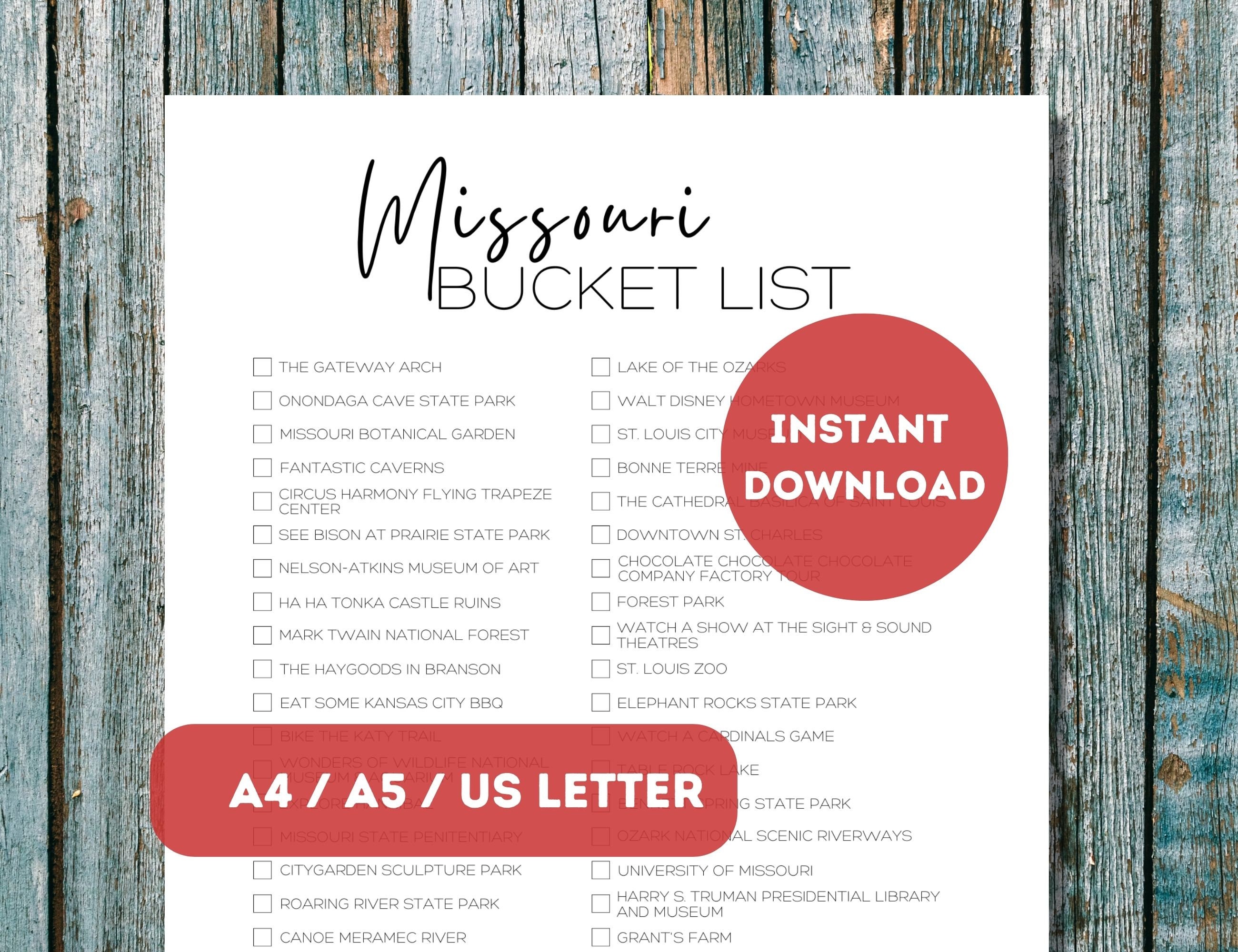 Missouri Bucket List Printable | America's 50 States Travel Planner Checklist | Missouri Travel Adventure List| A4 | A5 | US Letter