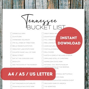 Lista de deseos de Tennessee imprimible / Lista de verificación del planificador de viajes de los 50 estados de Estados Unidos / Lista de aventuras de viaje de Tennessee